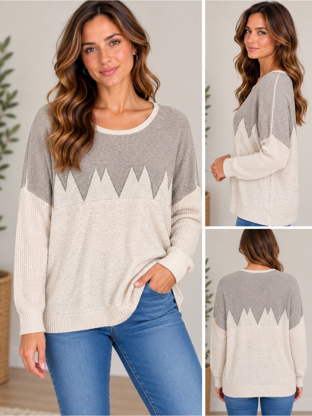 Arden B Vintage Women’s Sweater Gray & Cream Geometric Large EUC